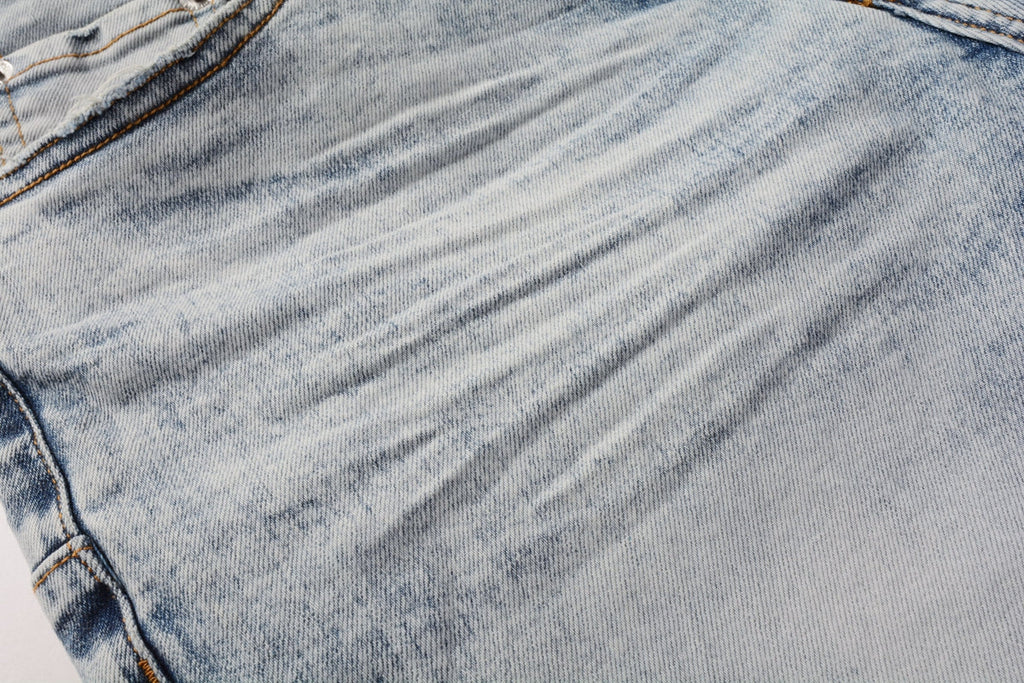 Men Streetwear Denim Shorts Light Blue Wash with Vintage Distressed Raw Hem 5053