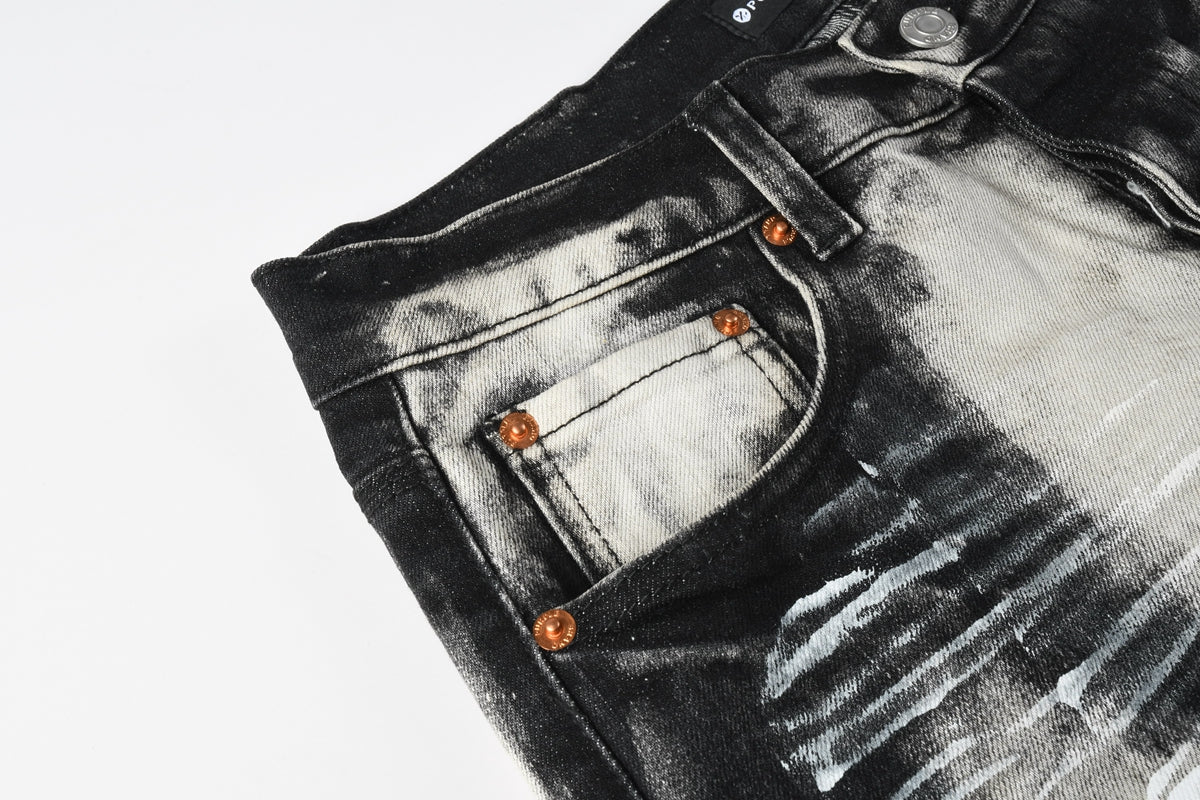 Men Streetwear Skinny Jeans Black and White Graffiti Wash with Multi Color Paint Splash 9111