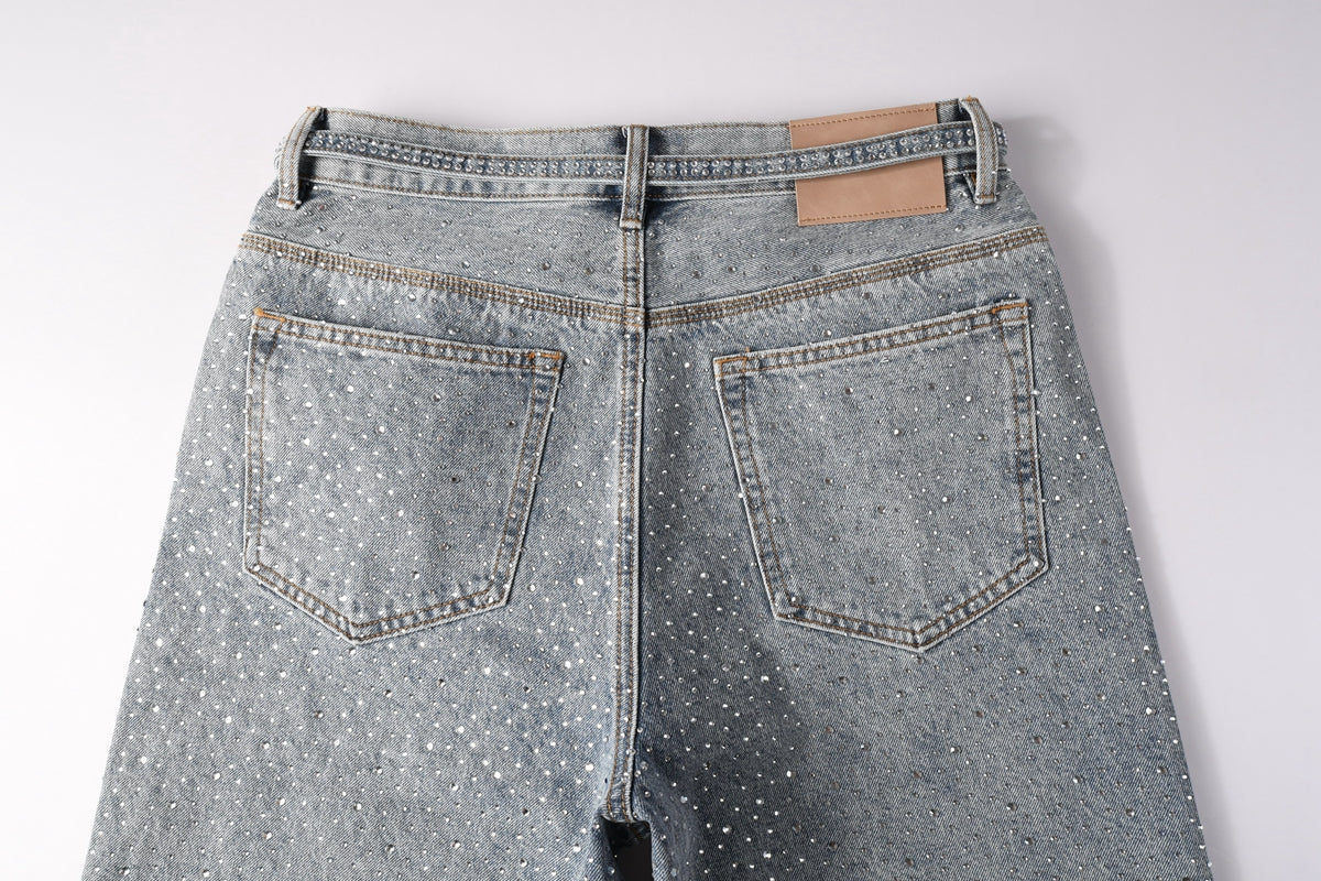 Men Streetwear Straight Denim Shorts Grey Wash with Rhinestone Speckles and Seam Accents 5096