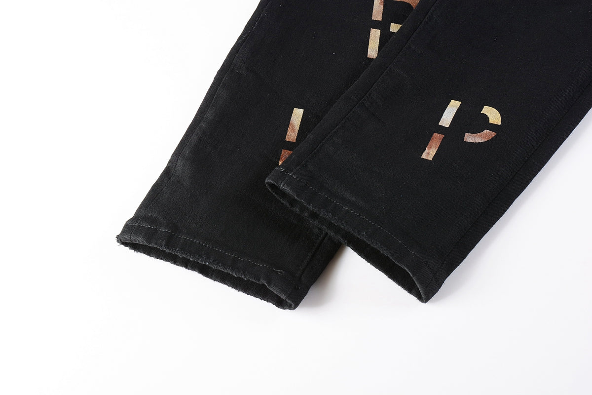 Men Streetwear Skinny Jeans Black Wash with All-Over Metallic Gold "P" Print 9008
