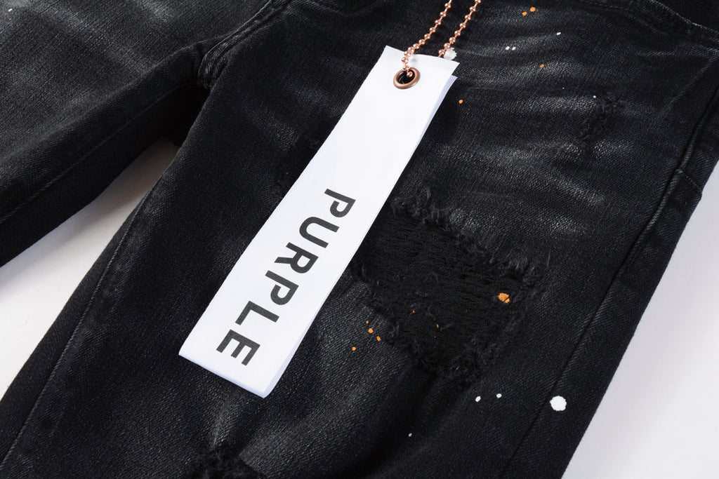 Mens Jeans - Distressed Black Denim with Knee Slit and Ripped Hole 9045