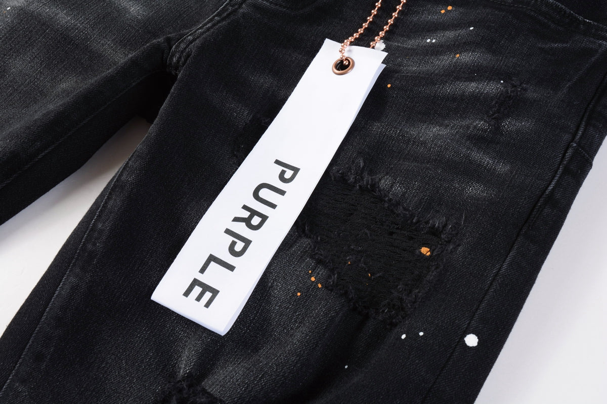 Mens Jeans - Distressed Black Denim with Knee Slit and Ripped Hole 9045