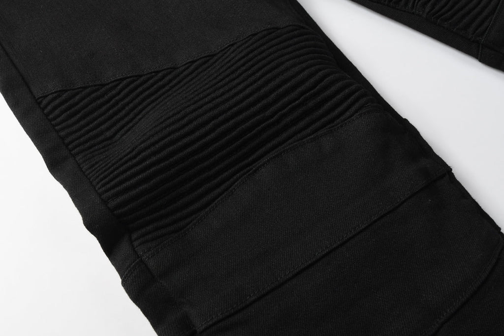 Men Streetwear Biker Skinny Jeans Black with Knee Pleats and Zipper Pockets 0964