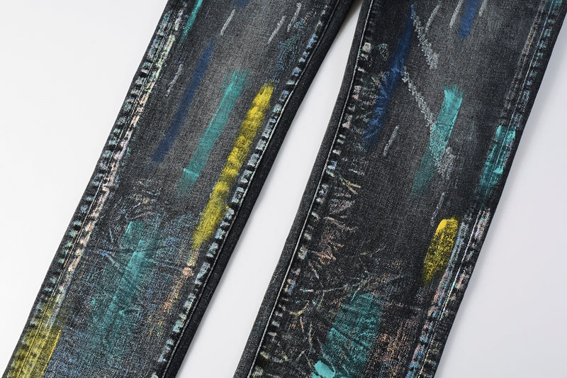 Men Streetwear Skinny Jeans Black Wash with Colorful Graffiti Paint Splash 9078