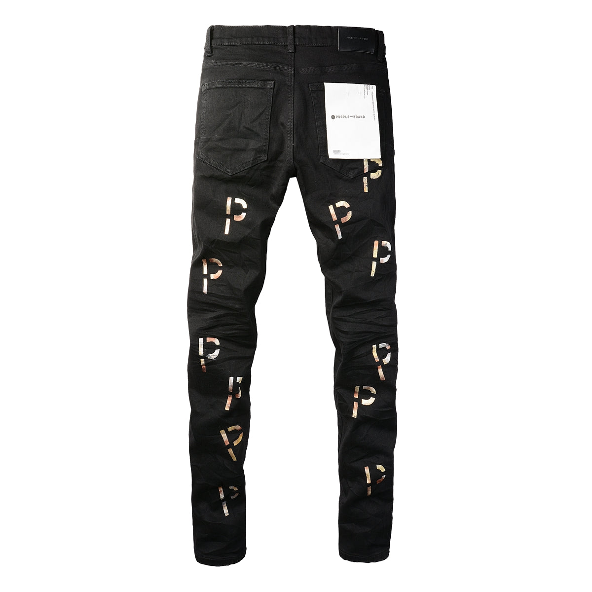 Men Streetwear Skinny Jeans Black Wash with All-Over Metallic Gold "P" Print 9008