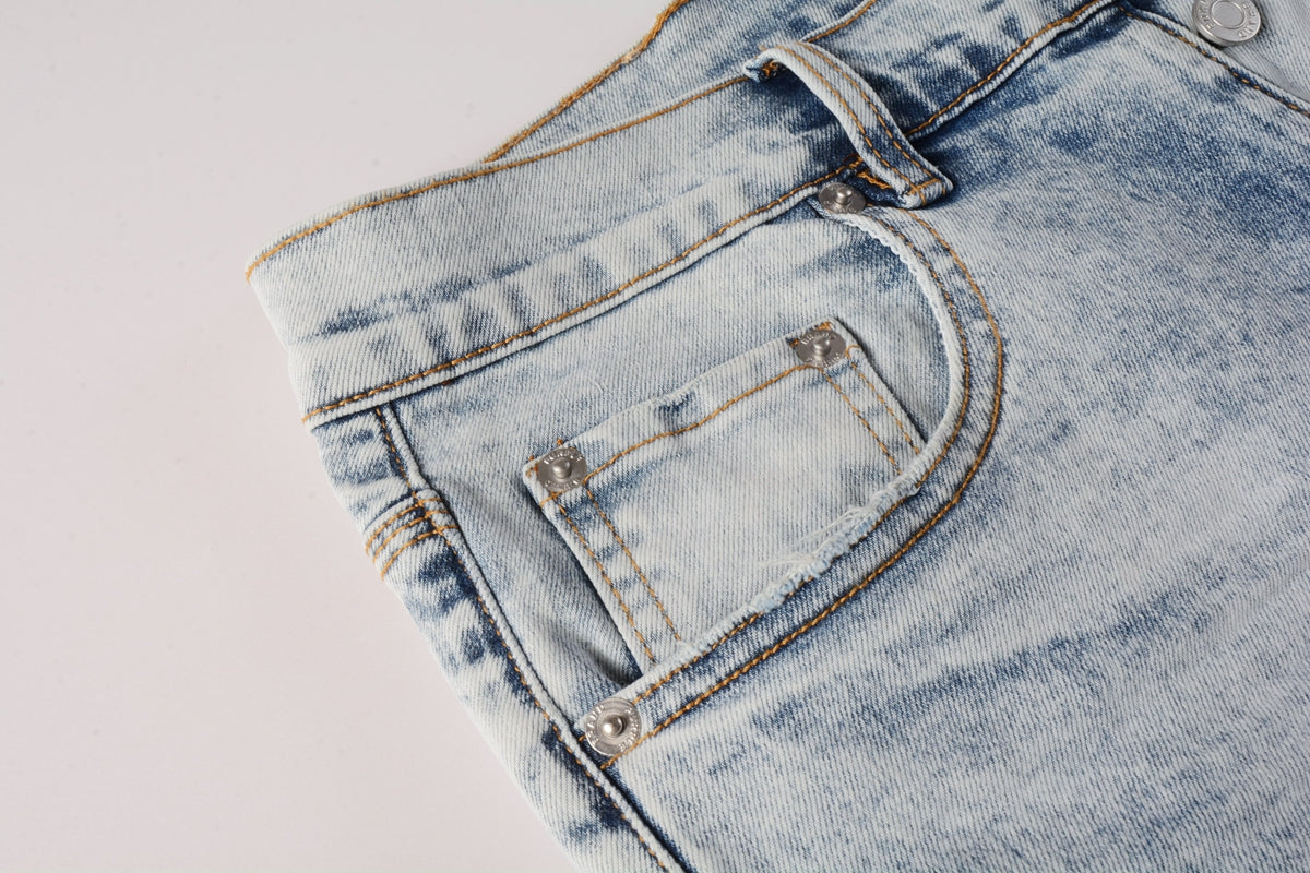Men Streetwear Denim Shorts Light Blue Wash with Vintage Distressed Raw Hem 5053