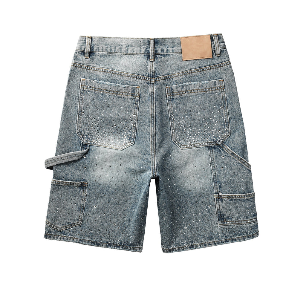 Men Streetwear Cargo Denim Shorts Light Blue Wash with Rhinestone Embellishment and Distressed Details 5097