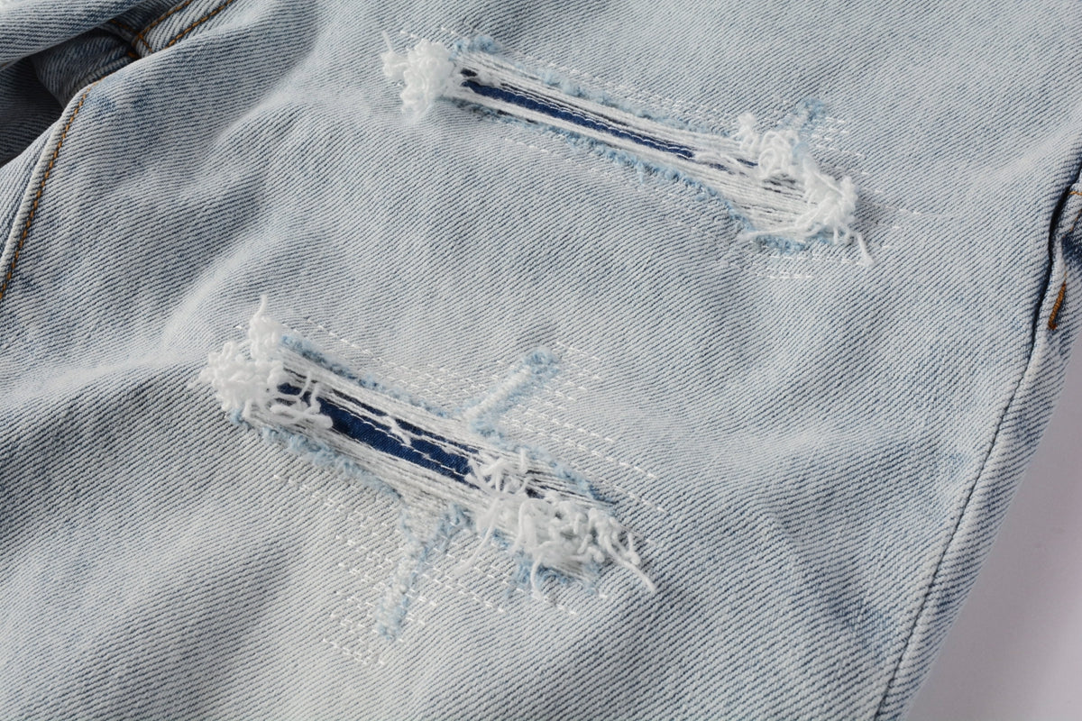 Men Streetwear Denim Shorts Light Blue Wash with Distressed Rips and Raw Hem 5088