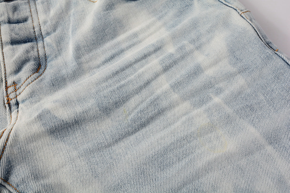 Men Streetwear Skinny Jeans Light Blue Wash with White Brushstroke Texture 7017