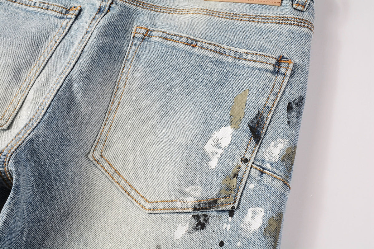 Men Streetwear Jeans Light Blue Paint Splash Distressed Ripped skinny 9100