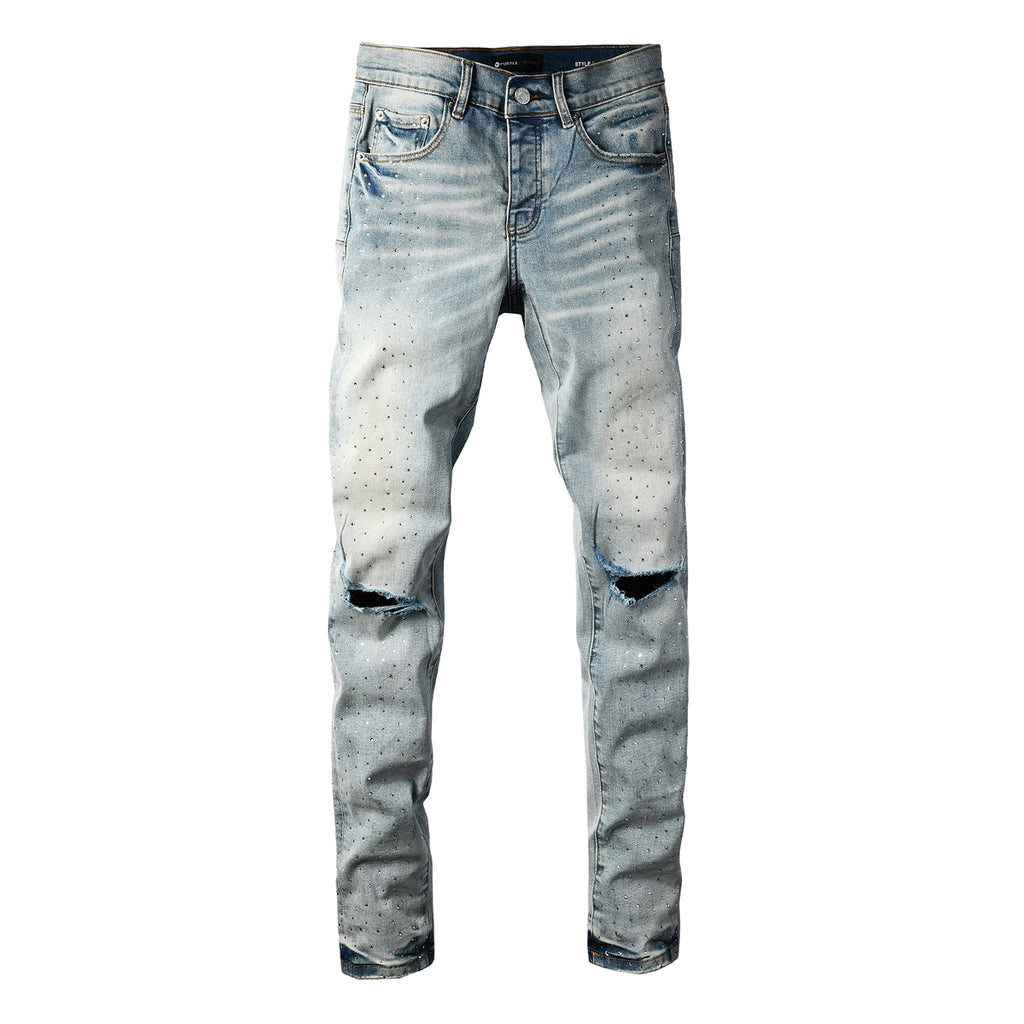 Men Streetwear Skinny Jeans Light Blue with Rhinestone Studs and Distressed Details PU9119