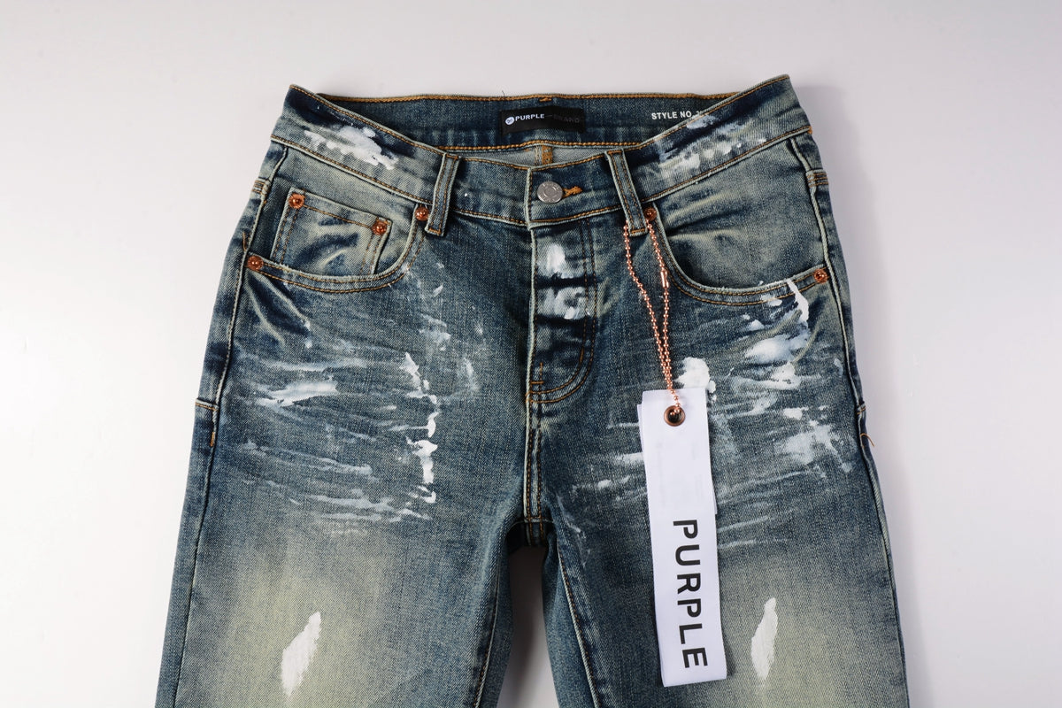 Men Streetwear Skinny Jeans Light Blue Wash with White Paint Brush Strokes 9060