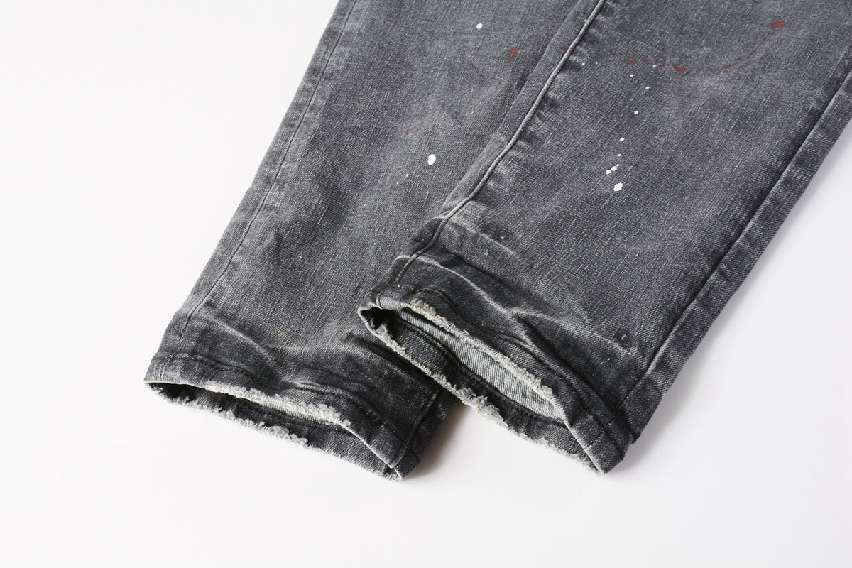 Men Streetwear Distressed Grey Skinny Jeanswith Color Paint Splatter and Knee Rips 9107