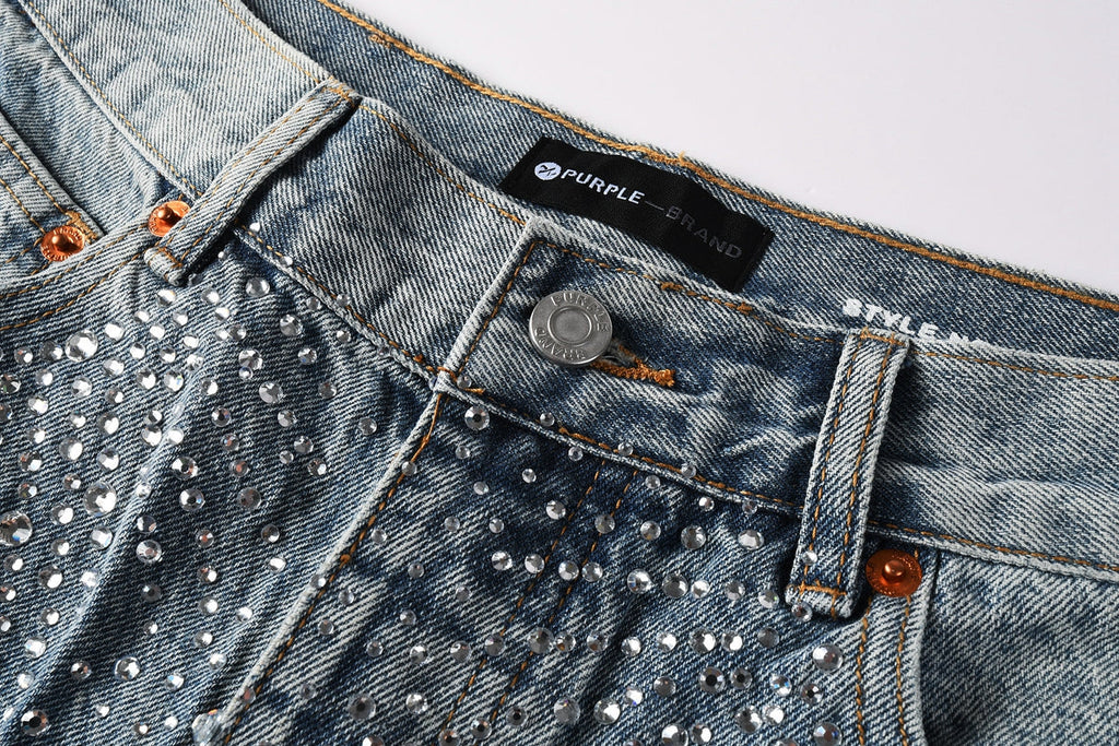 Men Streetwear Cargo Denim Shorts Light Blue Wash with Rhinestone Embellishment and Distressed Details 5097