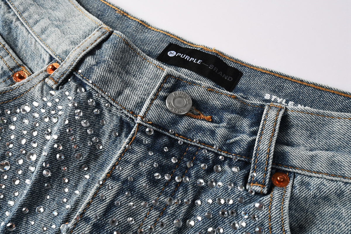 Men Streetwear Cargo Denim Shorts Light Blue Wash with Rhinestone Embellishment and Distressed Details 5097