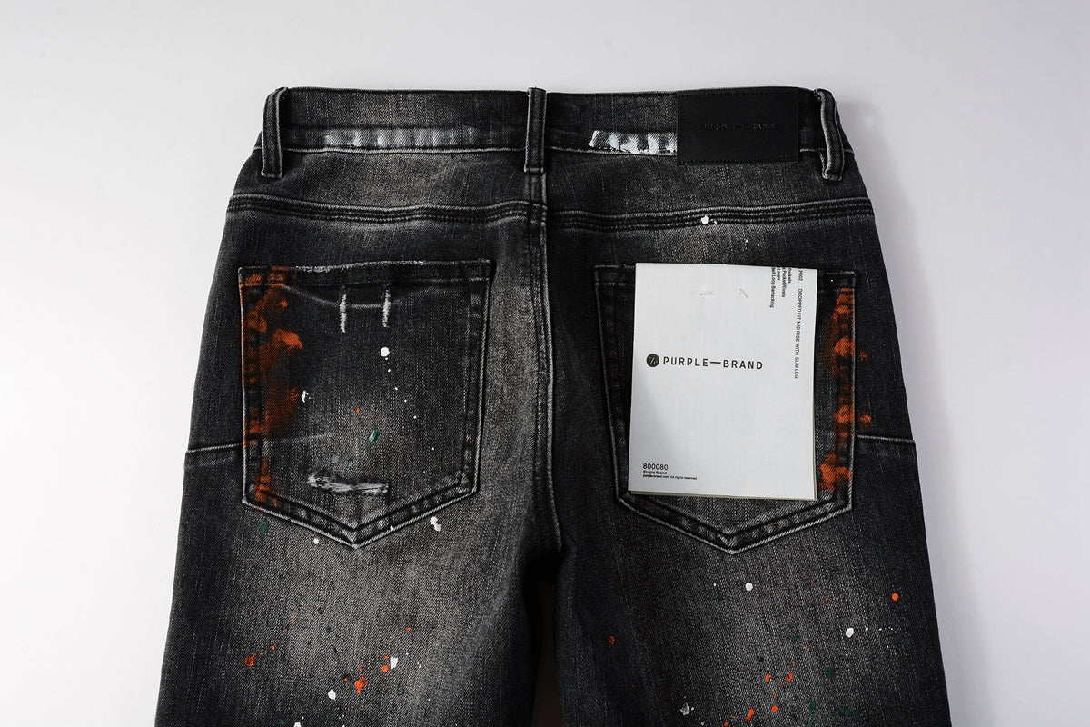Men Streetwear Skinny Jeans Dark Gray Wash with Distressed Rips and Multi-Color Paint Splatter 9018