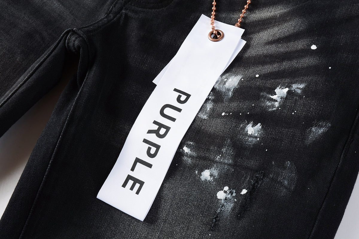 Men Streetwear Skinny Jeans Black Fade Wash with White Paint Splatter and Distressed Rips 9002