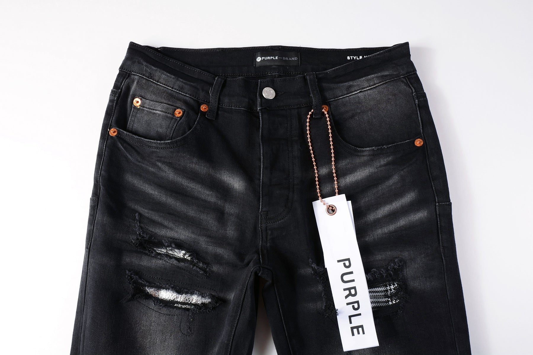 Men Streetwear Skinny Jeans Black Wash with Distressed Rips, Checkered Patches and White Paint Splatter 9001