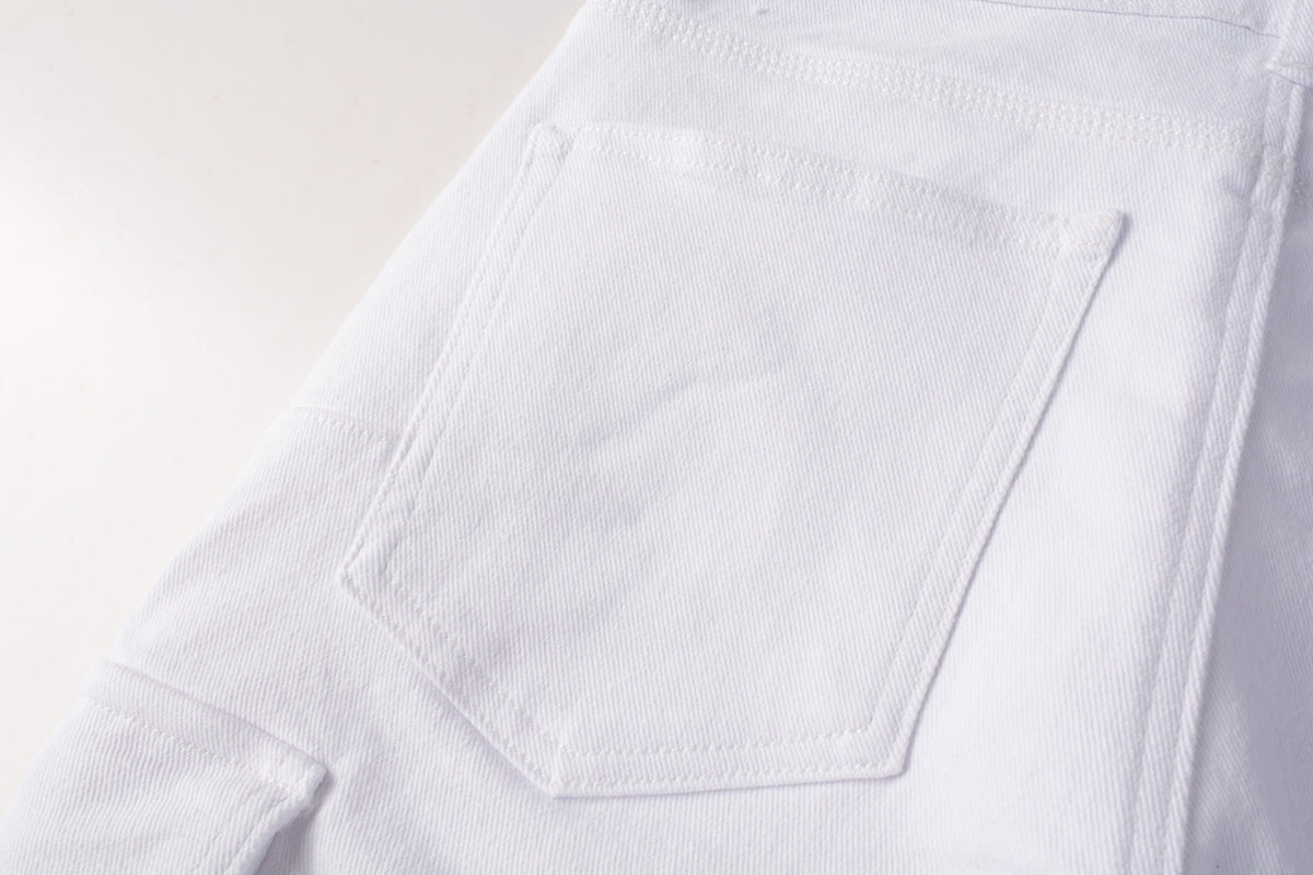 Men Streetwear White Cargo Denim Shorts with Multiple Pockets and Raw Hem 5082