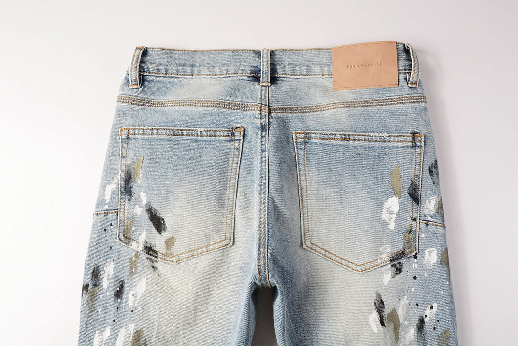 Men Streetwear Jeans Light Blue Paint Splash Distressed Ripped skinny 9100