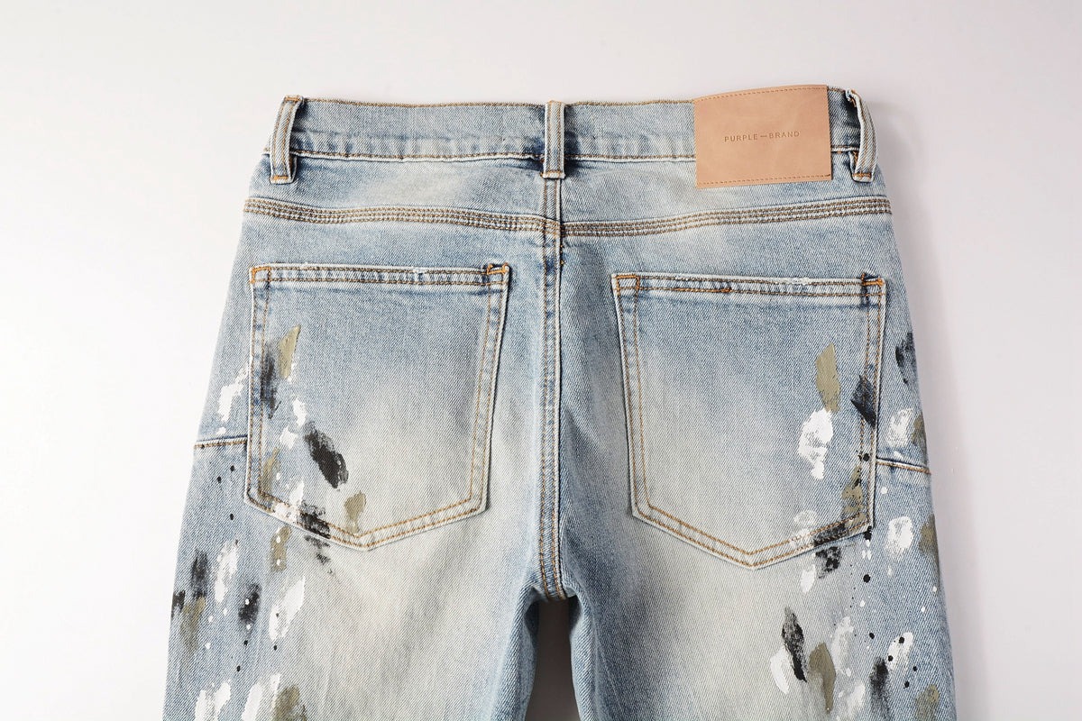 Men Streetwear Jeans Light Blue Paint Splash Distressed Ripped skinny 9100