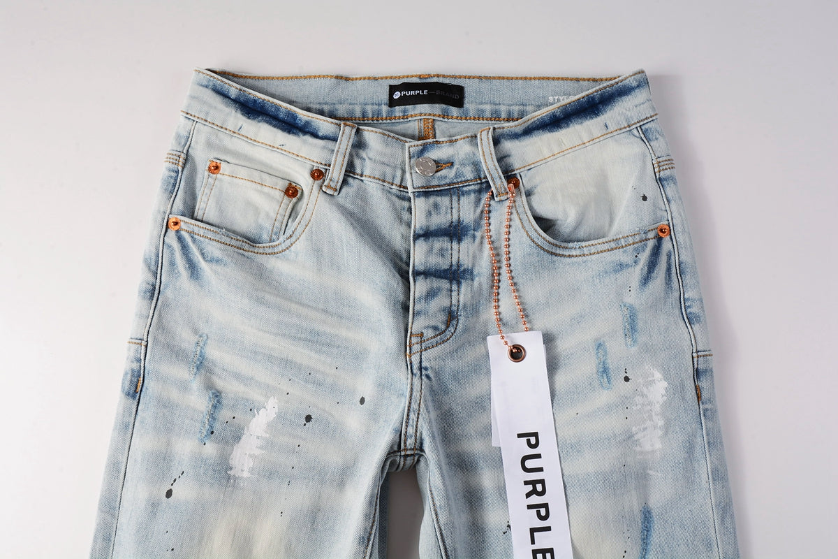 Men Streetwear Skinny Jeans Light Blue Wash with White Paint Splatter and Subtle Distress 9006