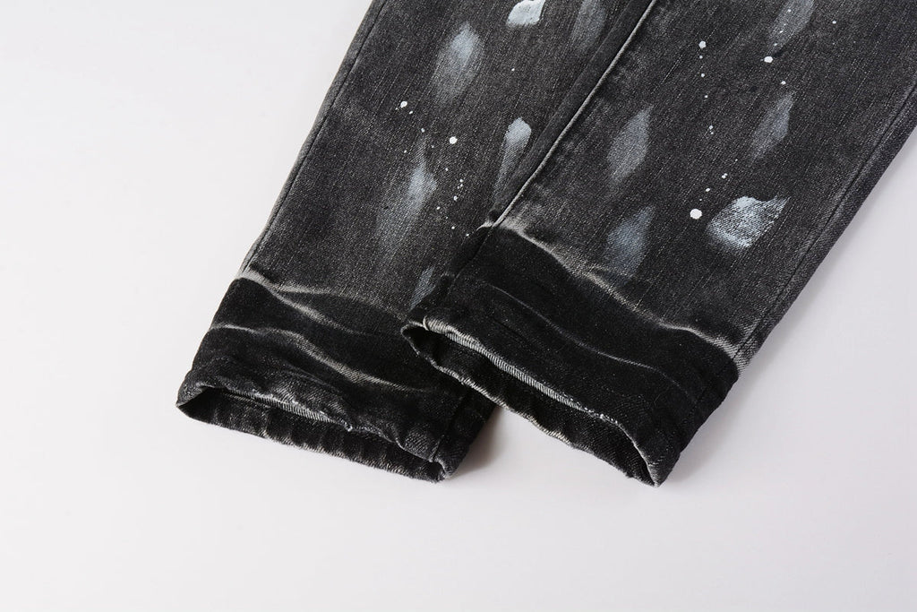 Men Streetwear Skinny Jeans Dark Gray Wash with White Paint Splatter and Distressed Rips 9032