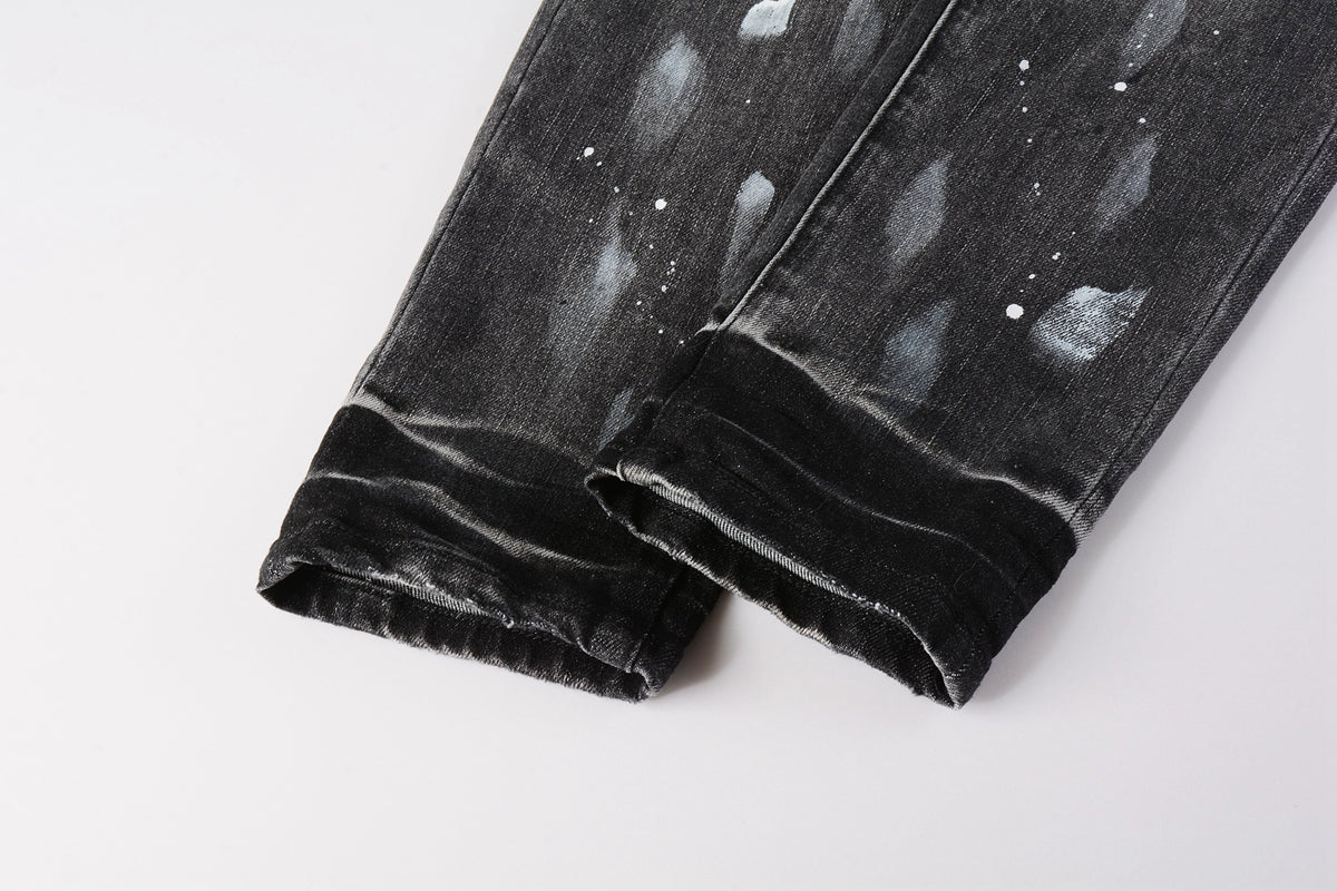 Men Streetwear Skinny Jeans Dark Gray Wash with White Paint Splatter and Distressed Rips 9032