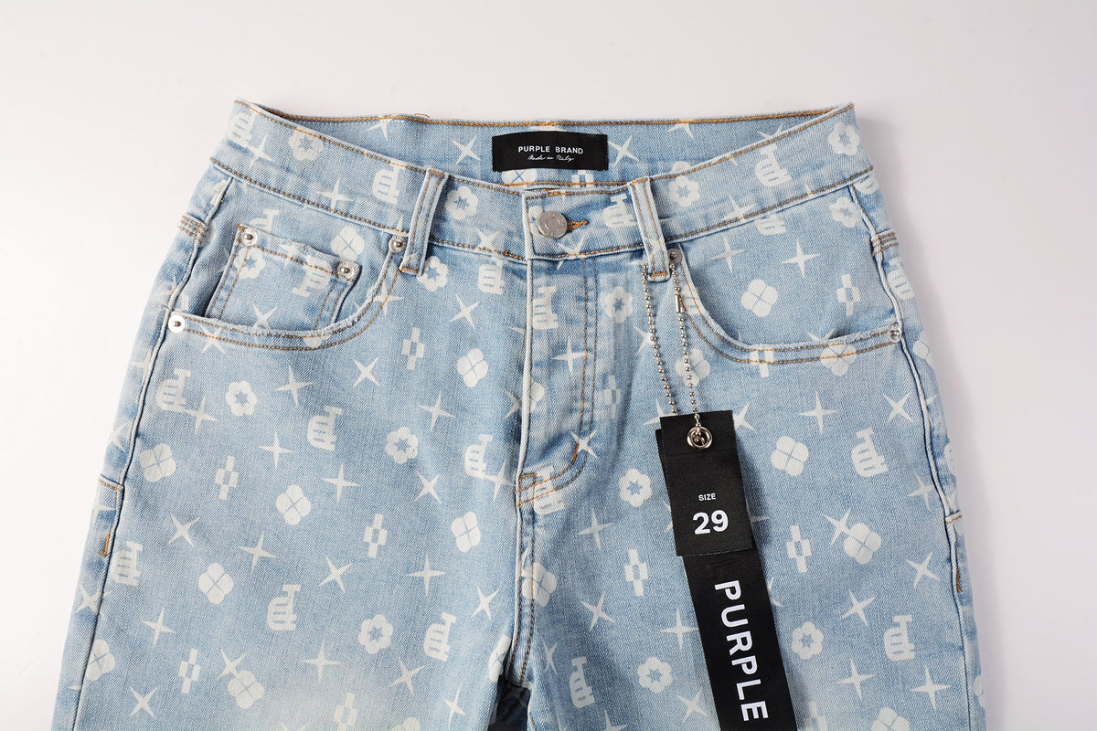 Men Streetwear Denim Shorts Light Blue Wash with White Geometric Print and Raw Hem 5089