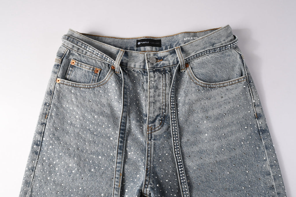 Men Streetwear Straight Denim Shorts Grey Wash with Rhinestone Speckles and Seam Accents 5096