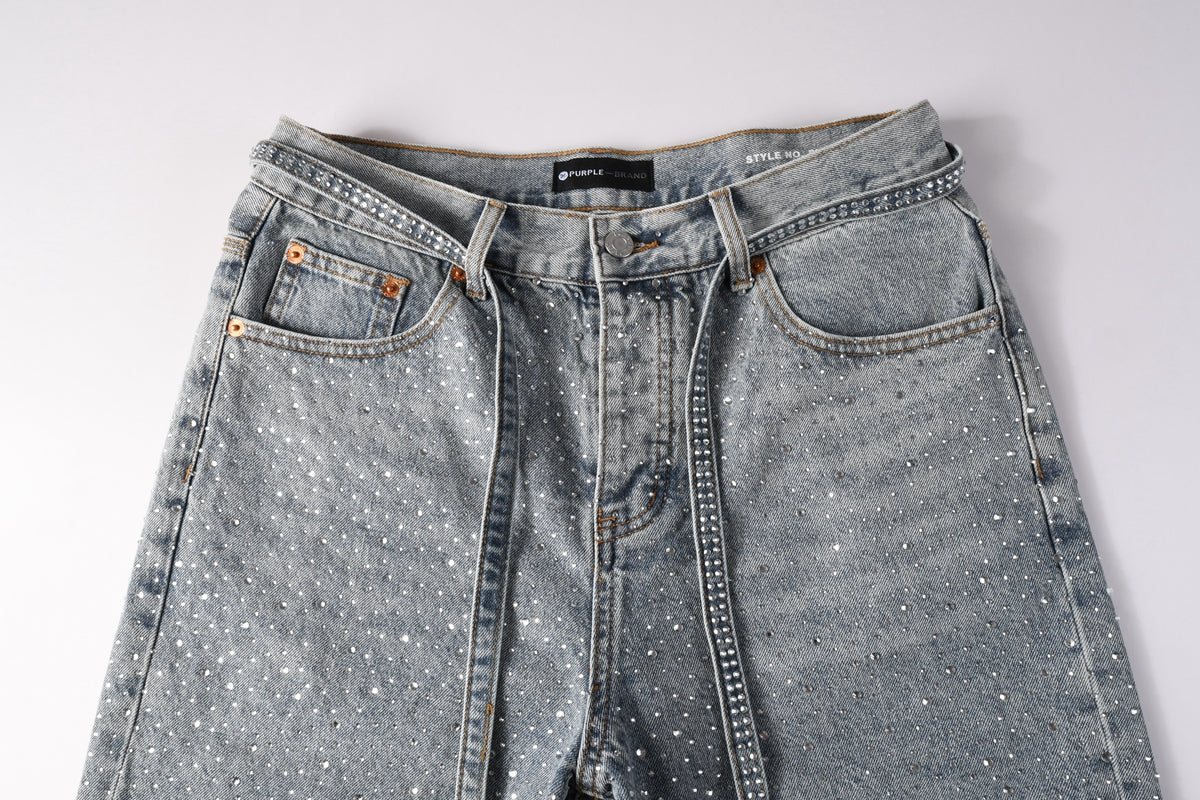 Men Streetwear Straight Denim Shorts Grey Wash with Rhinestone Speckles and Seam Accents 5096