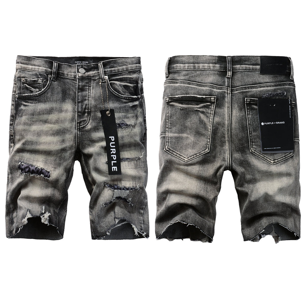 Men Streetwear Denim Shorts Grey Black Wash with Leopard Print Ripped Details and Raw Hem 5068