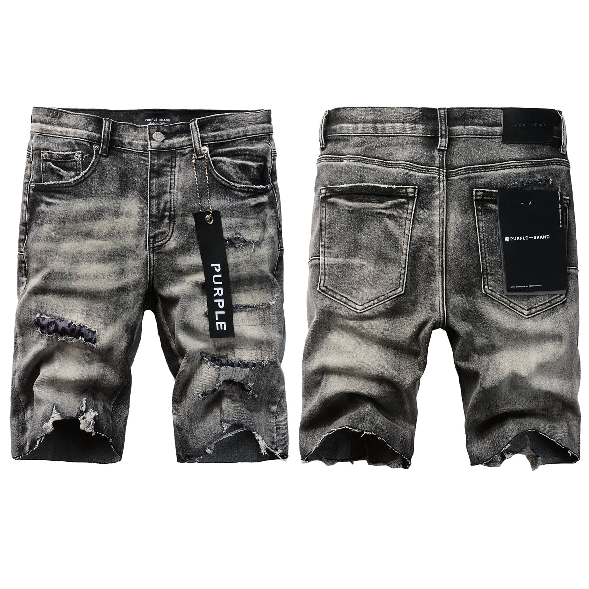Men Streetwear Denim Shorts Grey Black Wash with Leopard Print Ripped Details and Raw Hem 5068