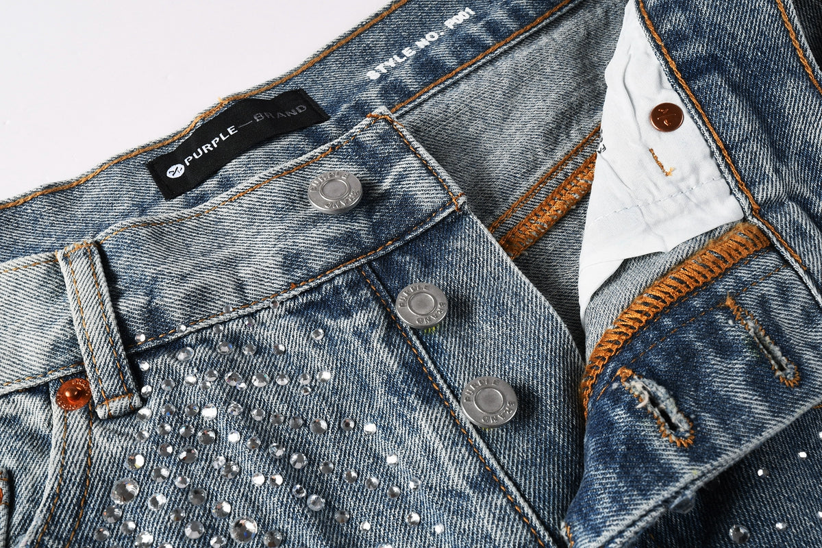 Men Streetwear Cargo Denim Shorts Light Blue Wash with Rhinestone Embellishment and Distressed Details 5097