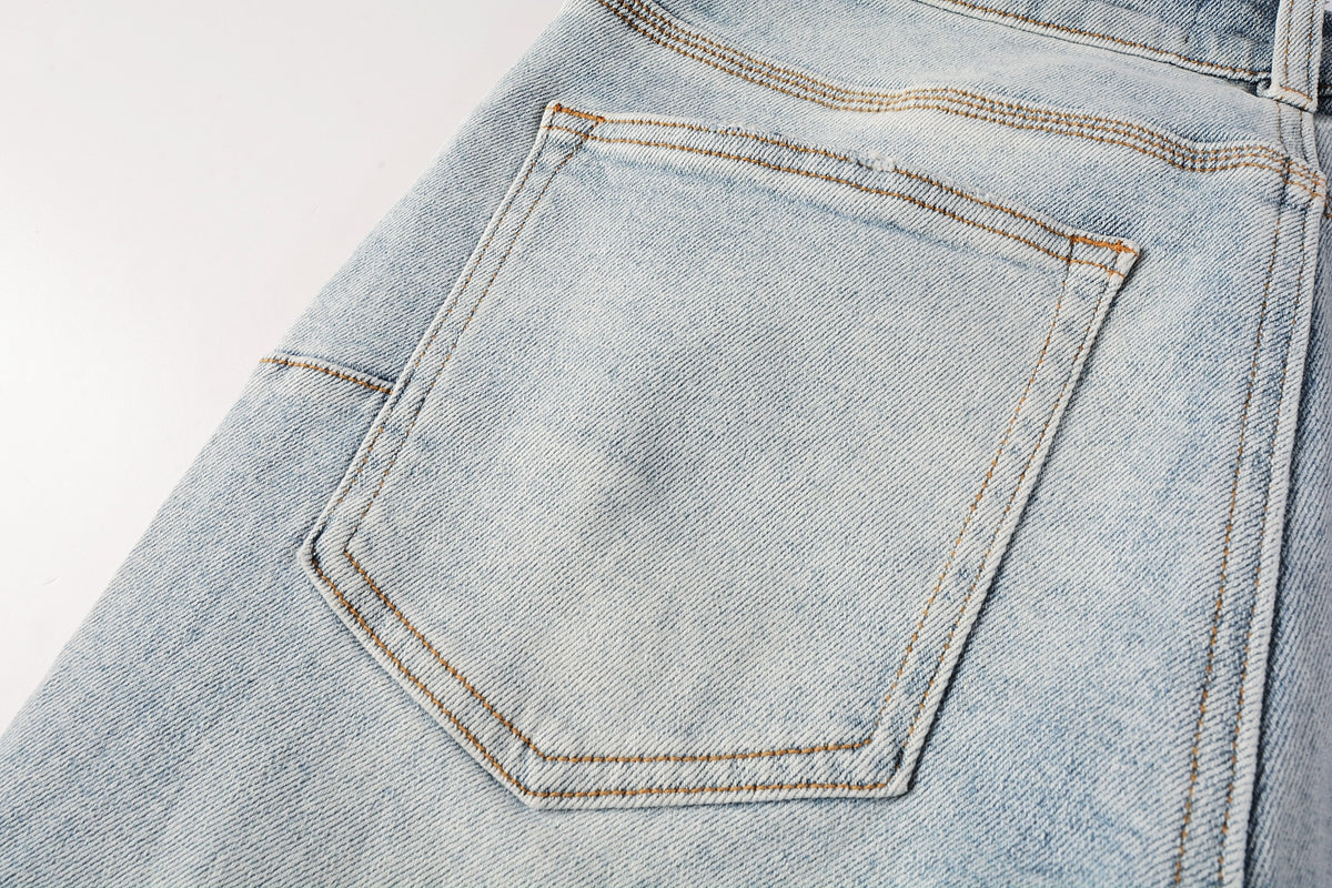Men Streetwear Skinny Jeans Light Blue Wash with Knee Ripped Details and Black Lining 9010