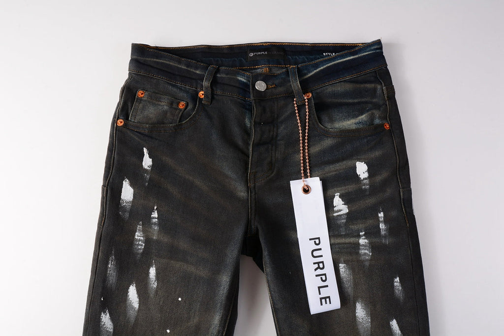 Men Streetwear Skinny Jeans Dark Gray Wash with White Paint Splatter and Brush Strokes 9036