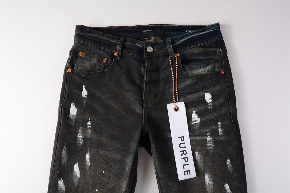 Men Streetwear Skinny Jeans Dark Gray Wash with White Paint Splatter and Brush Strokes 9036