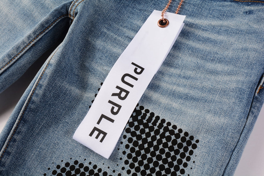 Men Streetwear Skinny Jeans Light Blue Wash with Black Pixelated Pattern Print 9052