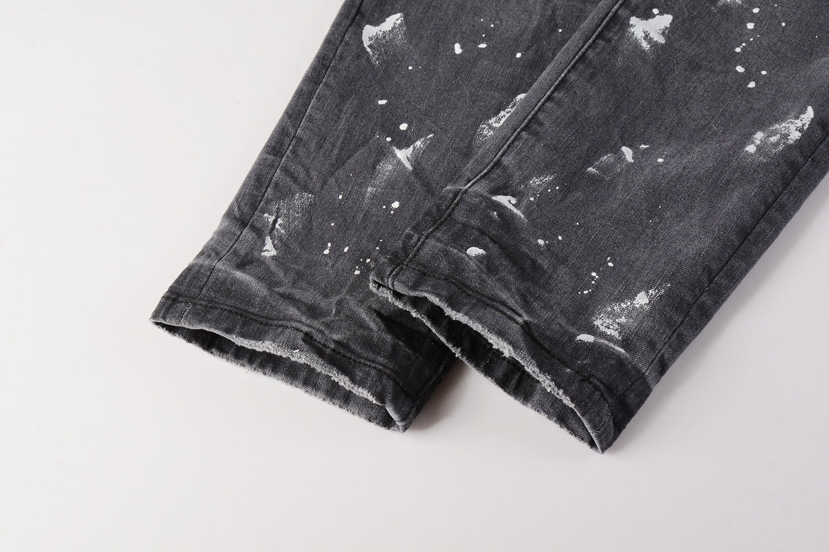 Men Streetwear Skinny Jeans Dark Gray Wash with Knee Rips and White Paint Splatter 9039