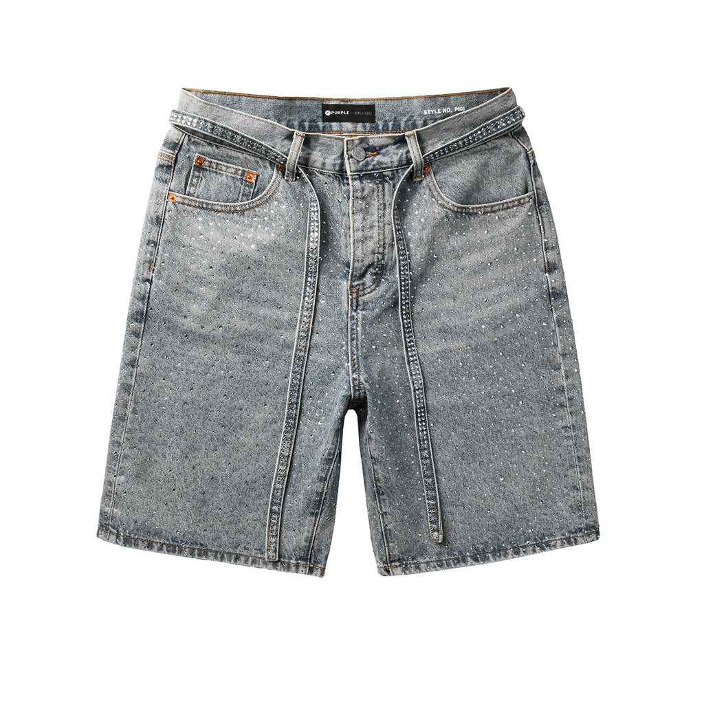 Men Streetwear Straight Denim Shorts Grey Wash with Rhinestone Speckles and Seam Accents 5096