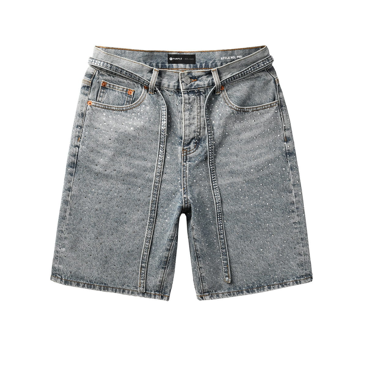 Men Streetwear Straight Denim Shorts Grey Wash with Rhinestone Speckles and Seam Accents 5096