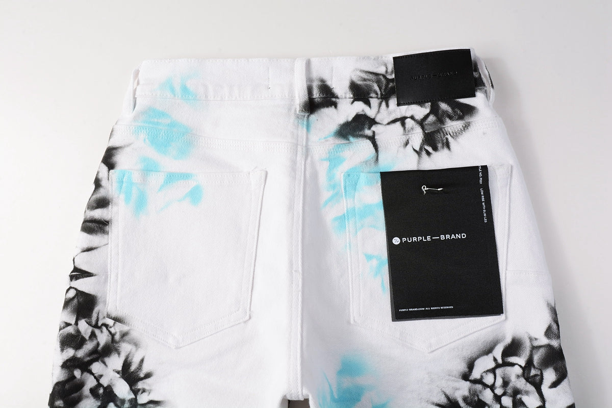 Men Streetwear Denim Shorts White Wash with Blue - Black Ink Floral Print and Raw Hem 5065