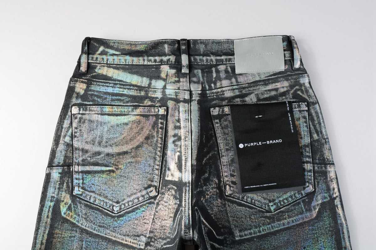 Men Streetwear Denim Shorts Black Wash with Holographic Reflective Finish and Raw Hem 5028