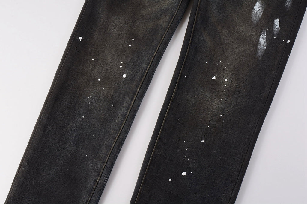 Men Streetwear Skinny Jeans Dark Gray Wash with White Paint Splatter and Brush Strokes 9036