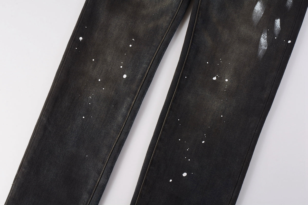 Men Streetwear Skinny Jeans Dark Gray Wash with White Paint Splatter and Brush Strokes 9036