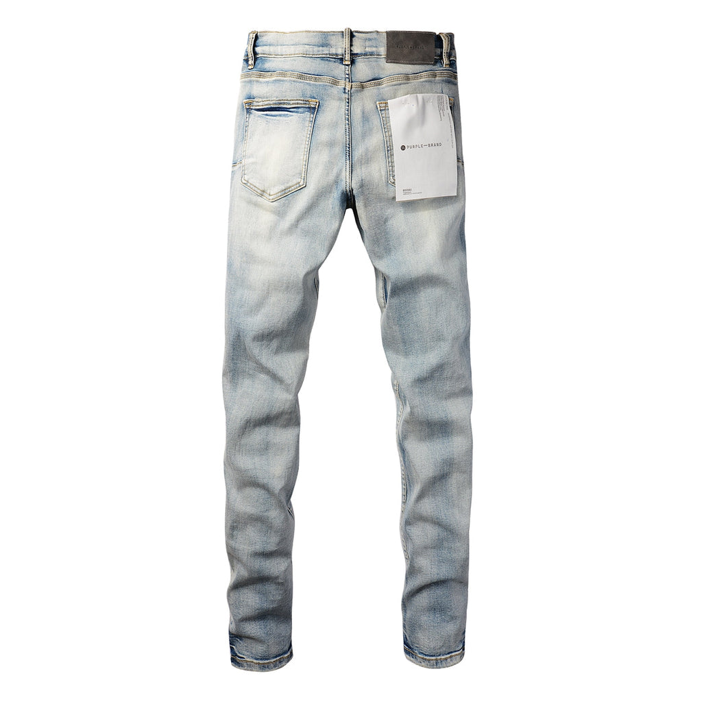 Men Streetwear Skinny Jeans Light Blue Wash with Heavy Distressed Rips 9050