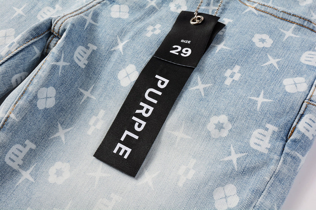 Men Streetwear Skinny Jeans Light Blue Wash with All - Over Pattern Print 9089