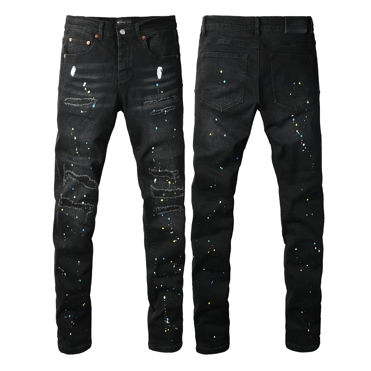 Men Streetwear Skinny Jeans Black Wash with Distressed Details and Multi - Color Paint Splash 9121