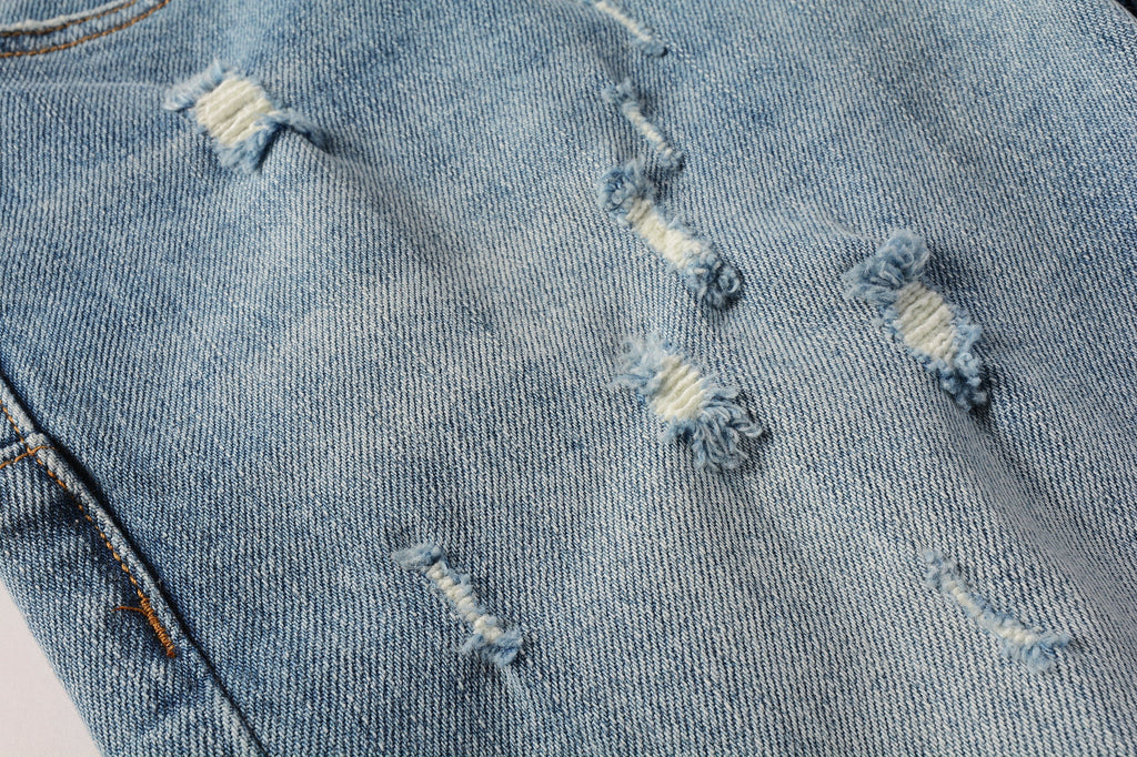 Men Streetwear Skinny Jeans Light Blue Wash with Subtle Distressed Ripped Details 9075
