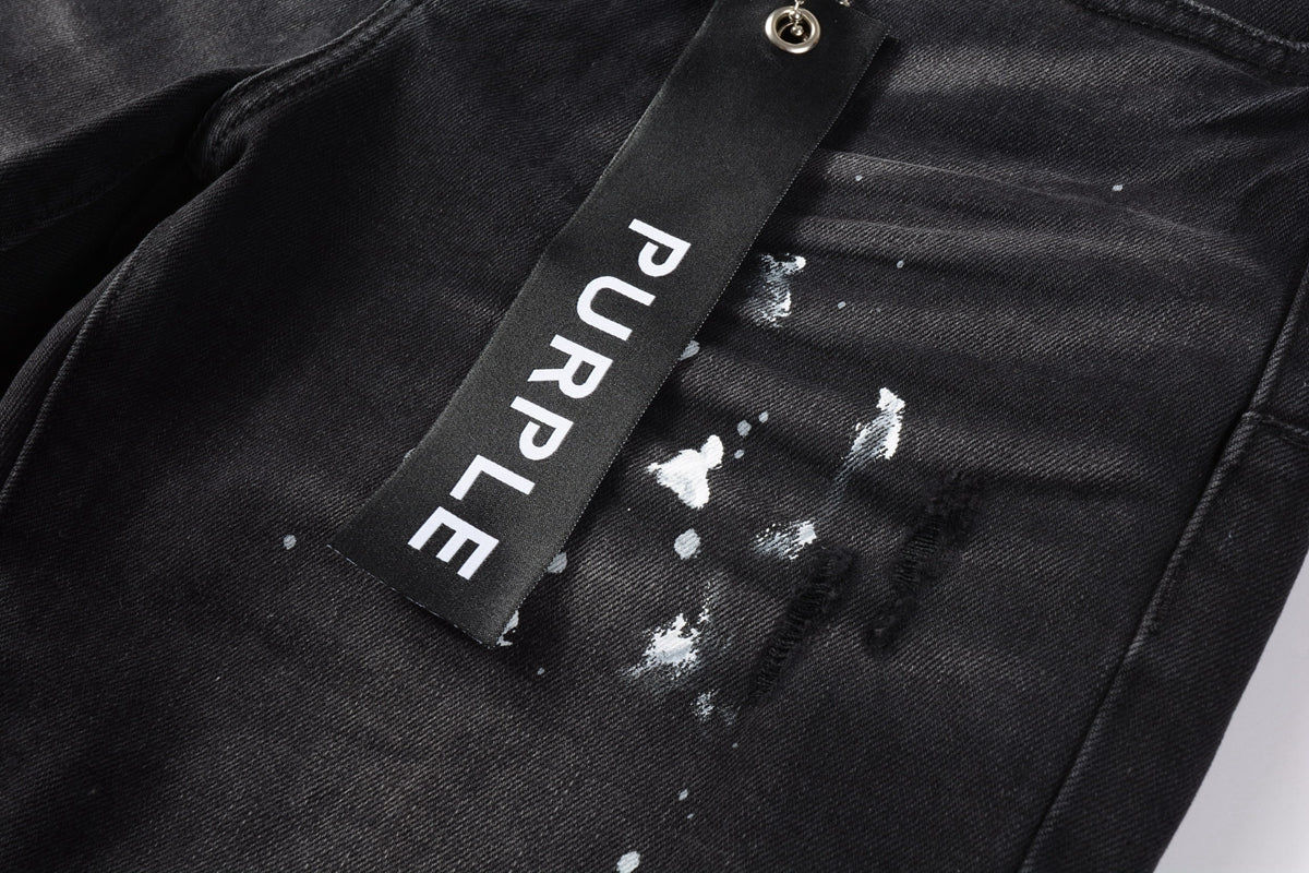 Men Streetwear Denim Shorts Black Wash with White Paint Splashes and Raw Hem 5002